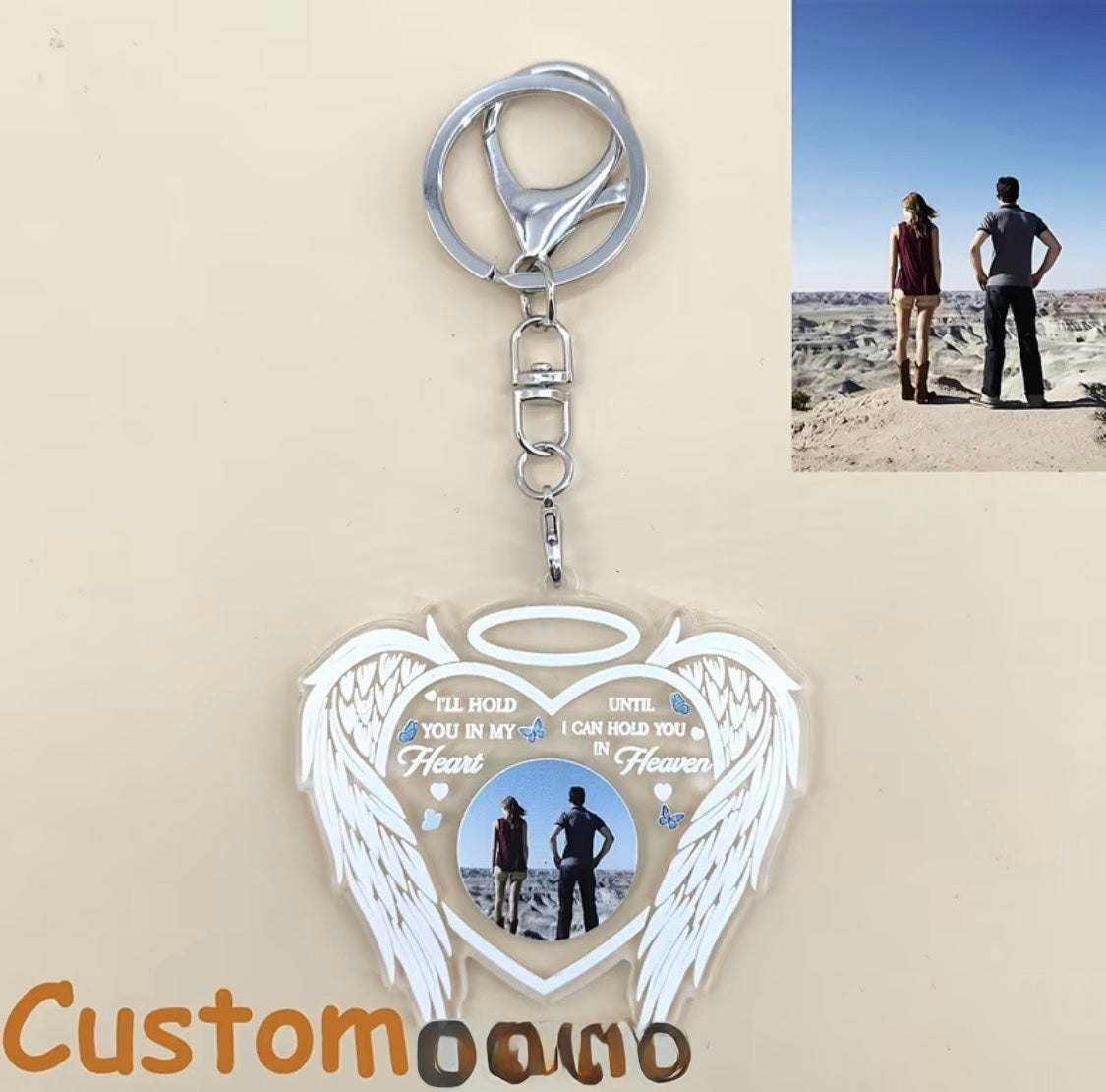 Custom Angel Wings Memorial Keyring – Personalised Photo Keepsake