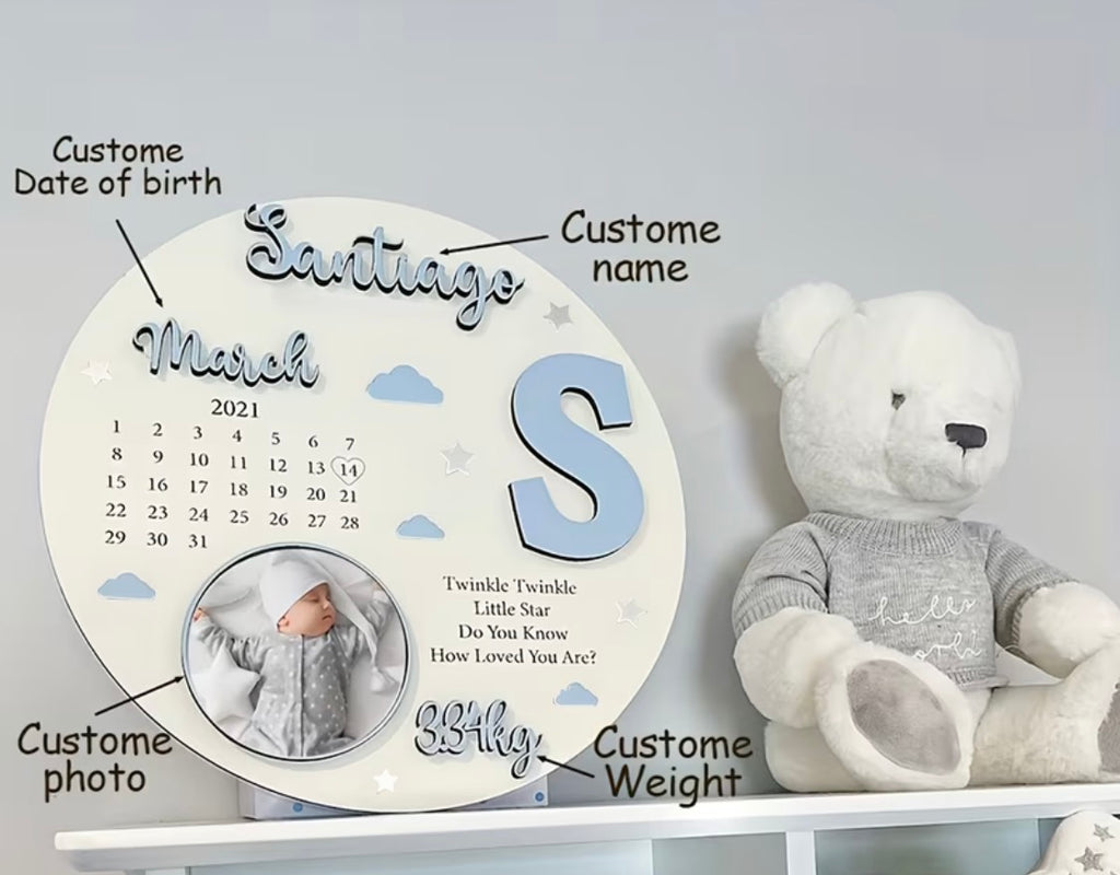 Personalised Wooden Baby Birth Disc – Newborn Keepsake Plaque – 5 Colours