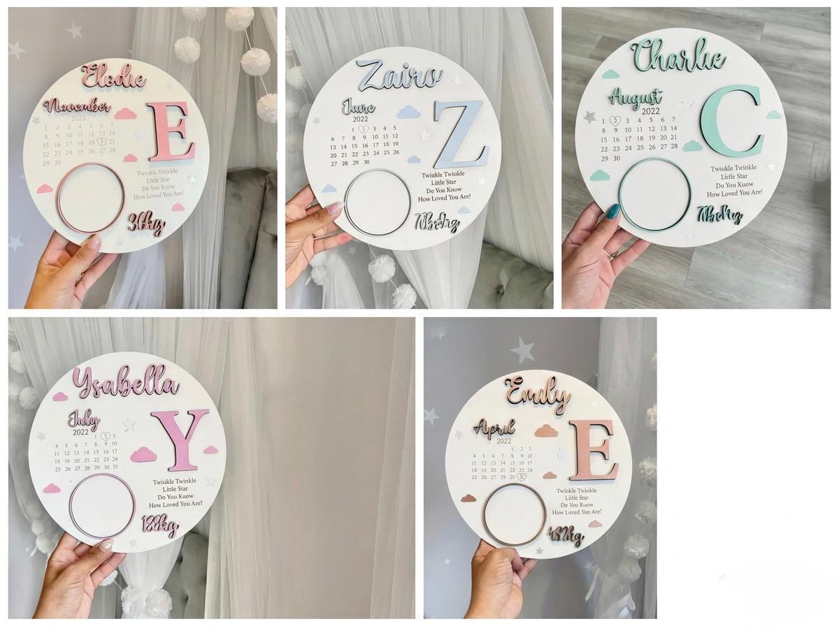 Personalised Wooden Baby Birth Disc – Newborn Keepsake Plaque – 5 Colours