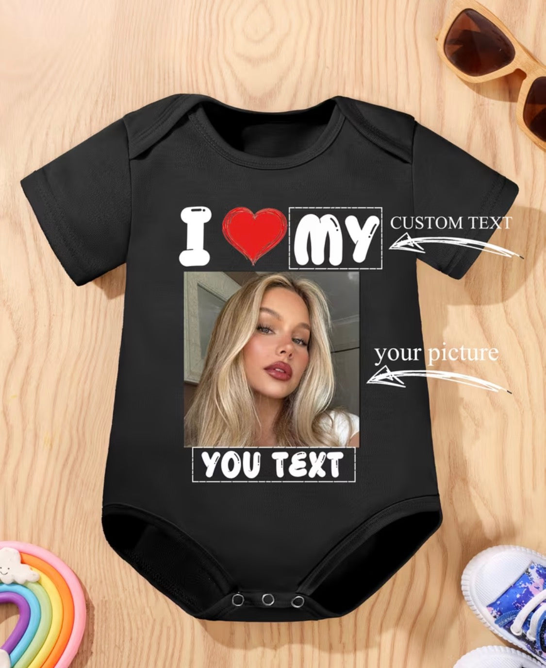 Custom Baby Grow – Personalised Photo & Text – Black OR White – All Sizes